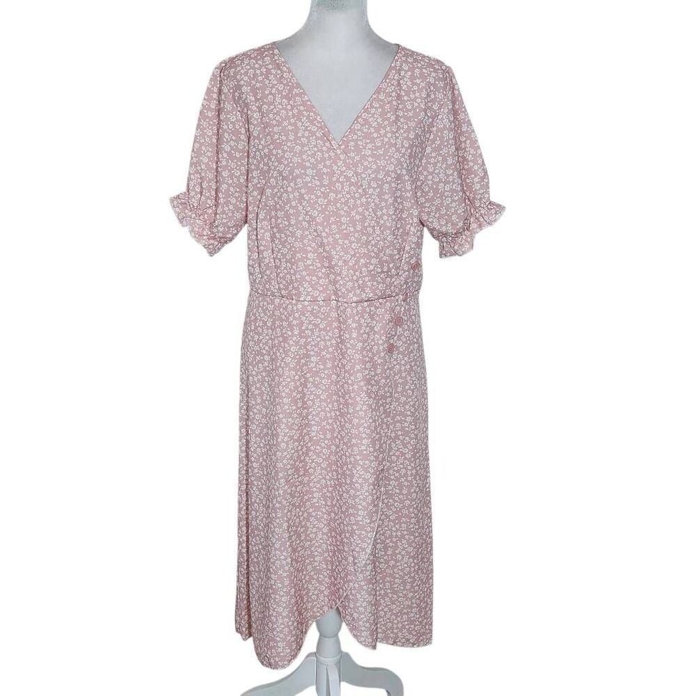 Pink and White Floral Wrap-Look Dress Size Medium Pink Wedding Guest Dress